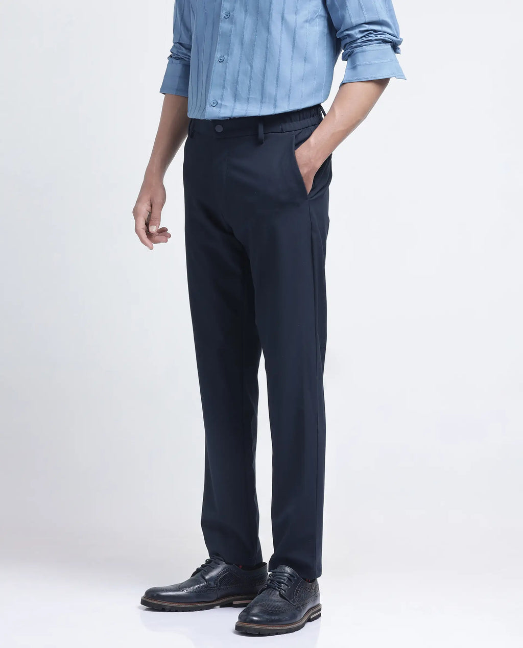 Rare Rabbit Men's Travel-26R Navy Polyester Blend Plain Regular Fit Trouser