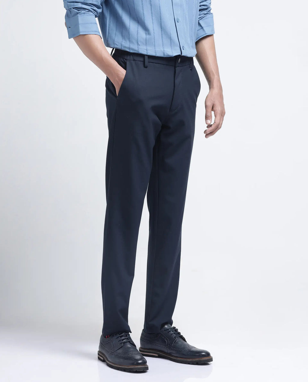 Rare Rabbit Men's Travel-26R Navy Polyester Blend Plain Regular Fit Trouser