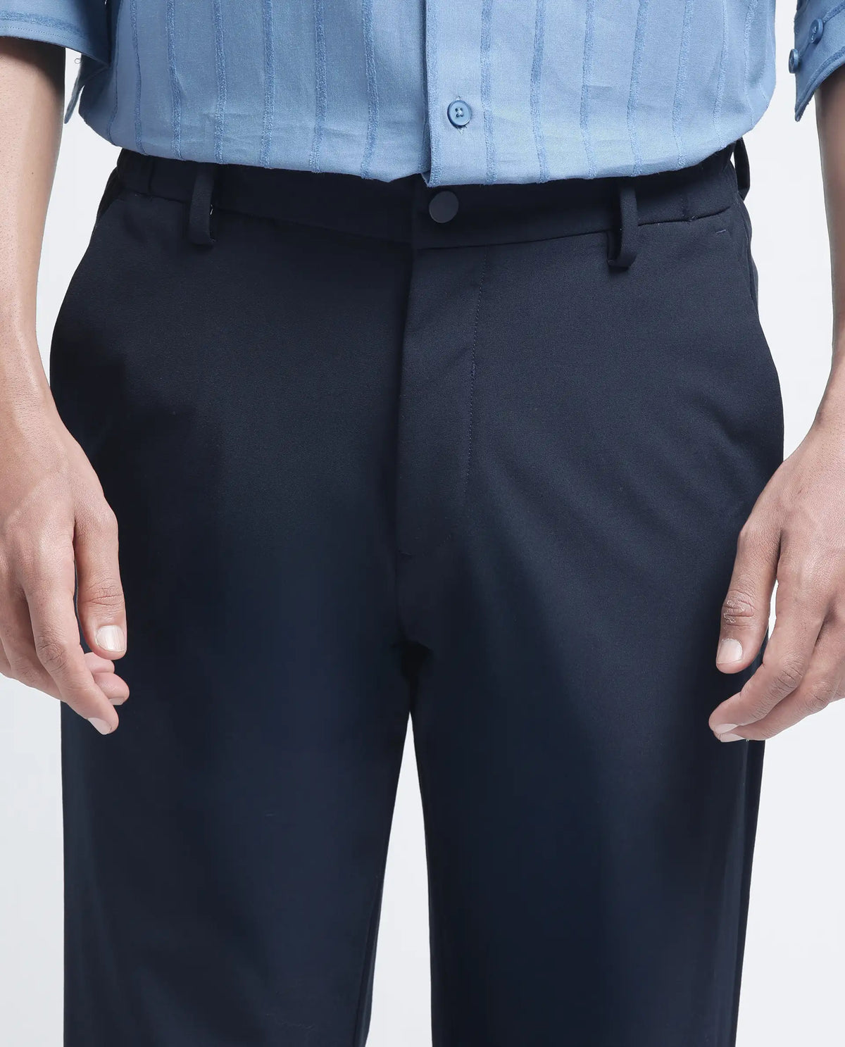 Rare Rabbit Men's Travel-26R Navy Polyester Blend Plain Regular Fit Trouser