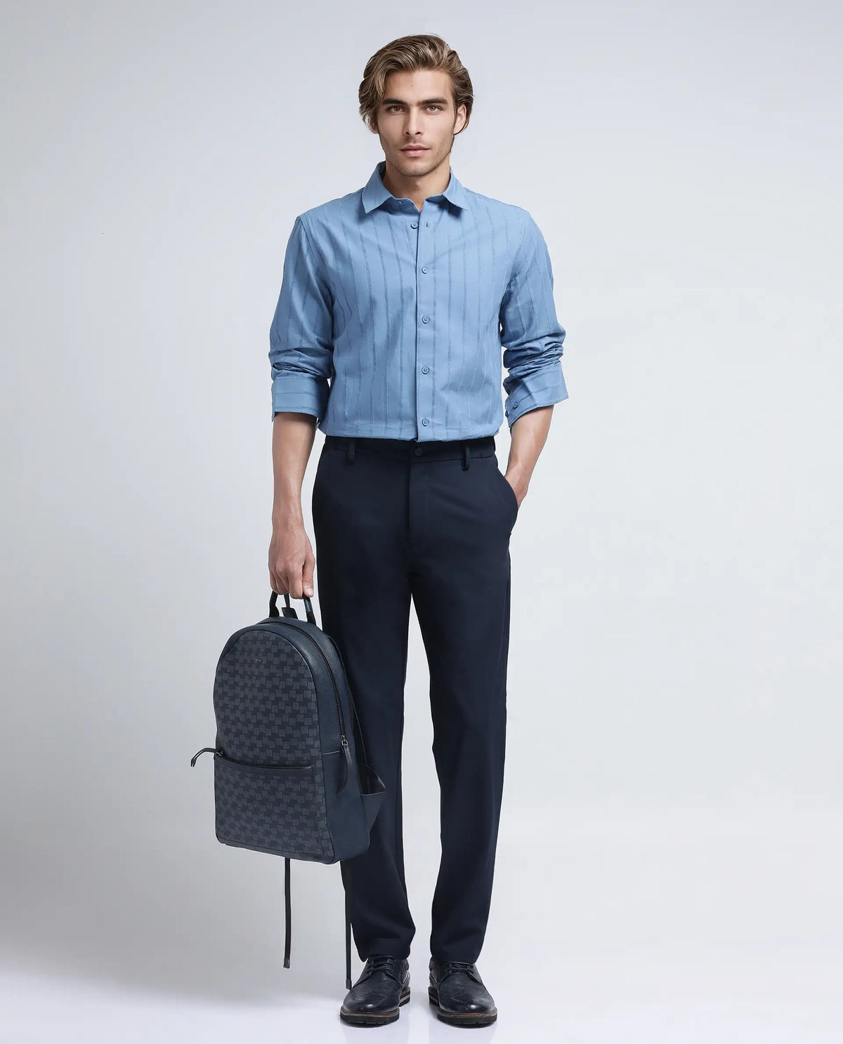 Rare Rabbit Men's Travel-26R Navy Polyester Blend Plain Regular Fit Trouser