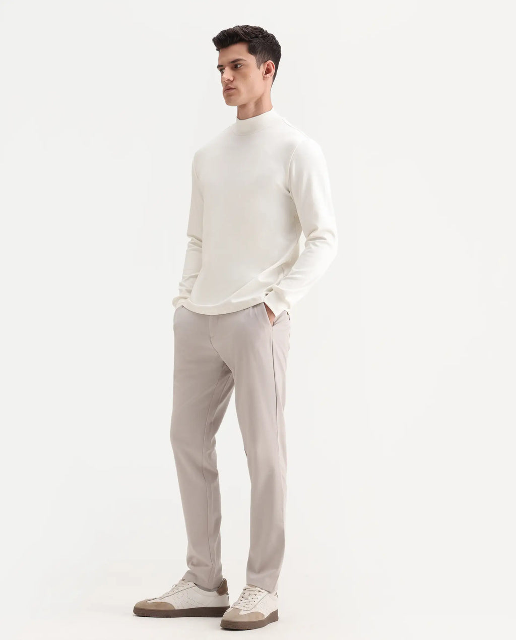Rare Rabbit Men's Travel-26R Light Beige Polyester Blend Plain Regular Fit Trouser