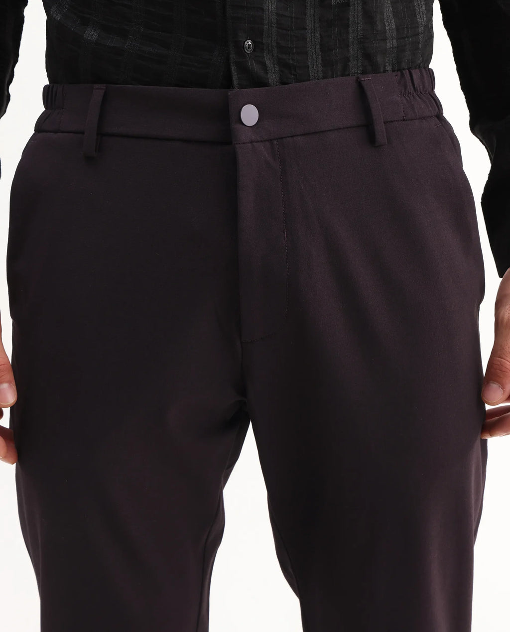 Rare Rabbit Men's Travel-Aw25 Dark Maroon Polyester Blend Plain Regular Fit Trouser