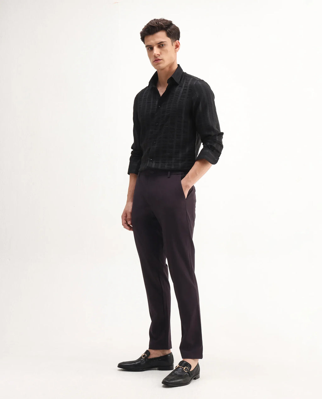 Rare Rabbit Men's Travel-Aw25 Dark Maroon Polyester Blend Plain Regular Fit Trouser