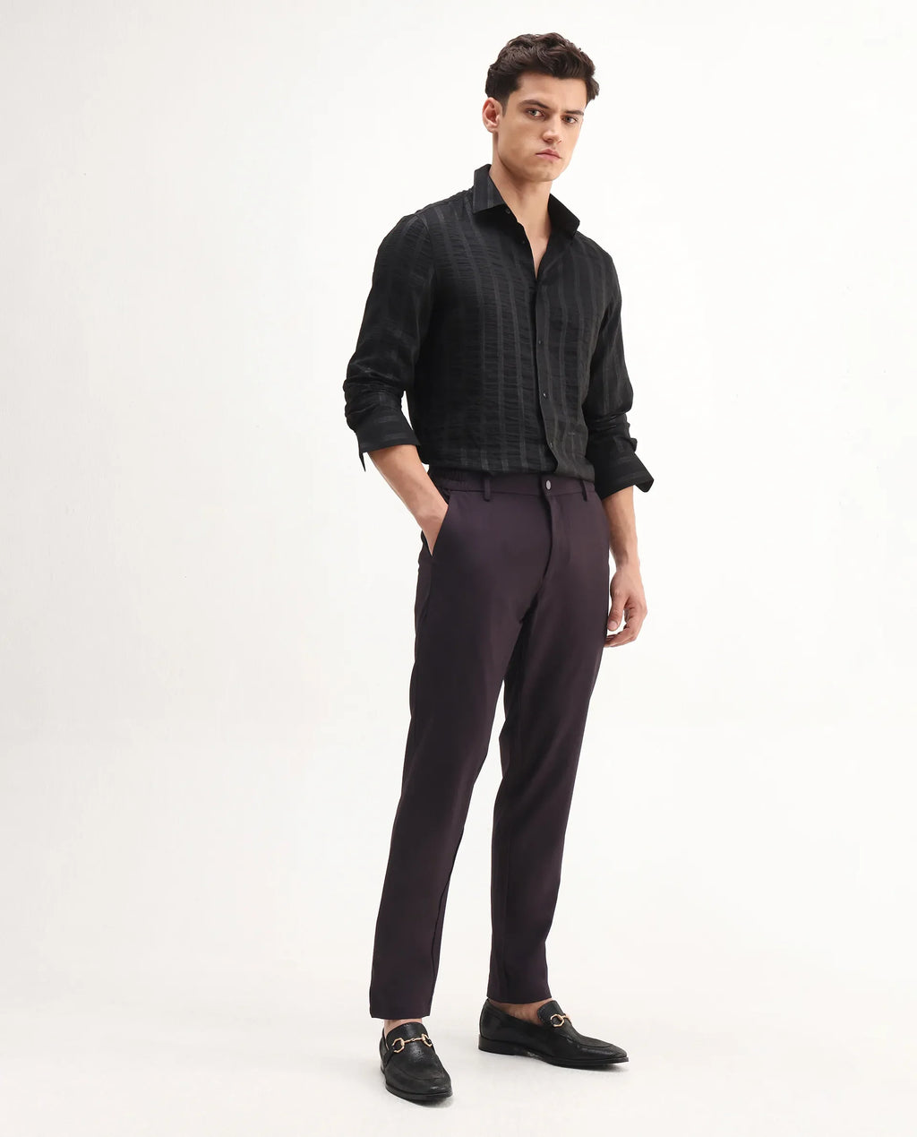 Rare Rabbit Men's Travel-Aw25 Dark Maroon Polyester Blend Plain Regular Fit Trouser