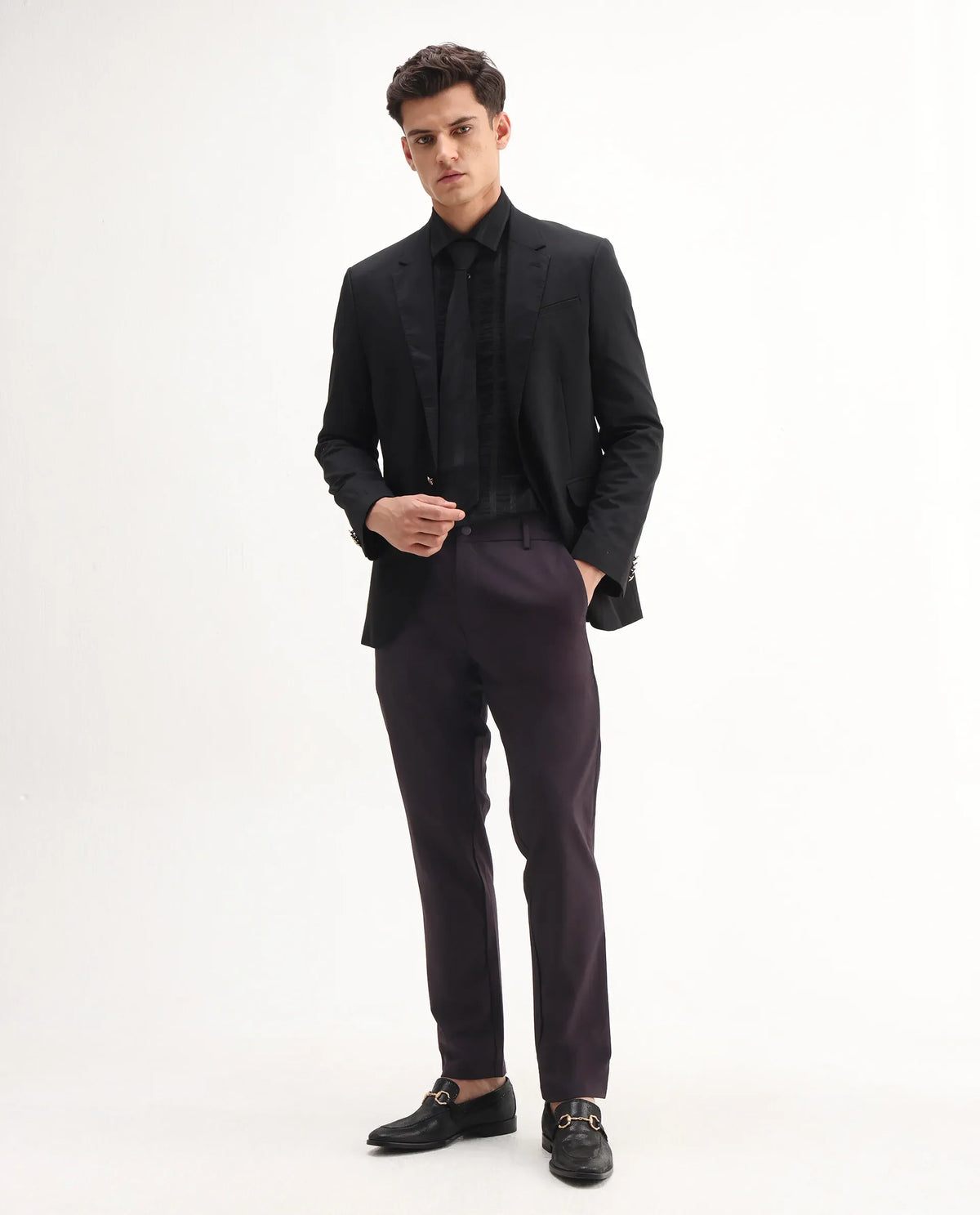 Rare Rabbit Men's Travel-Aw25 Dark Maroon Polyester Blend Plain Regular Fit Trouser