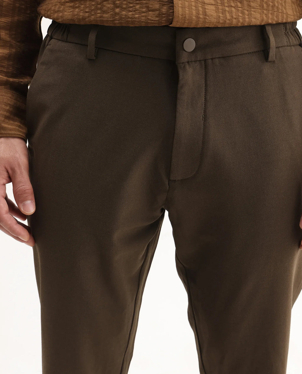 Rare Rabbit Men's Travel-Aw25 Dark Brown Polyester Blend Plain Regular Fit Trouser