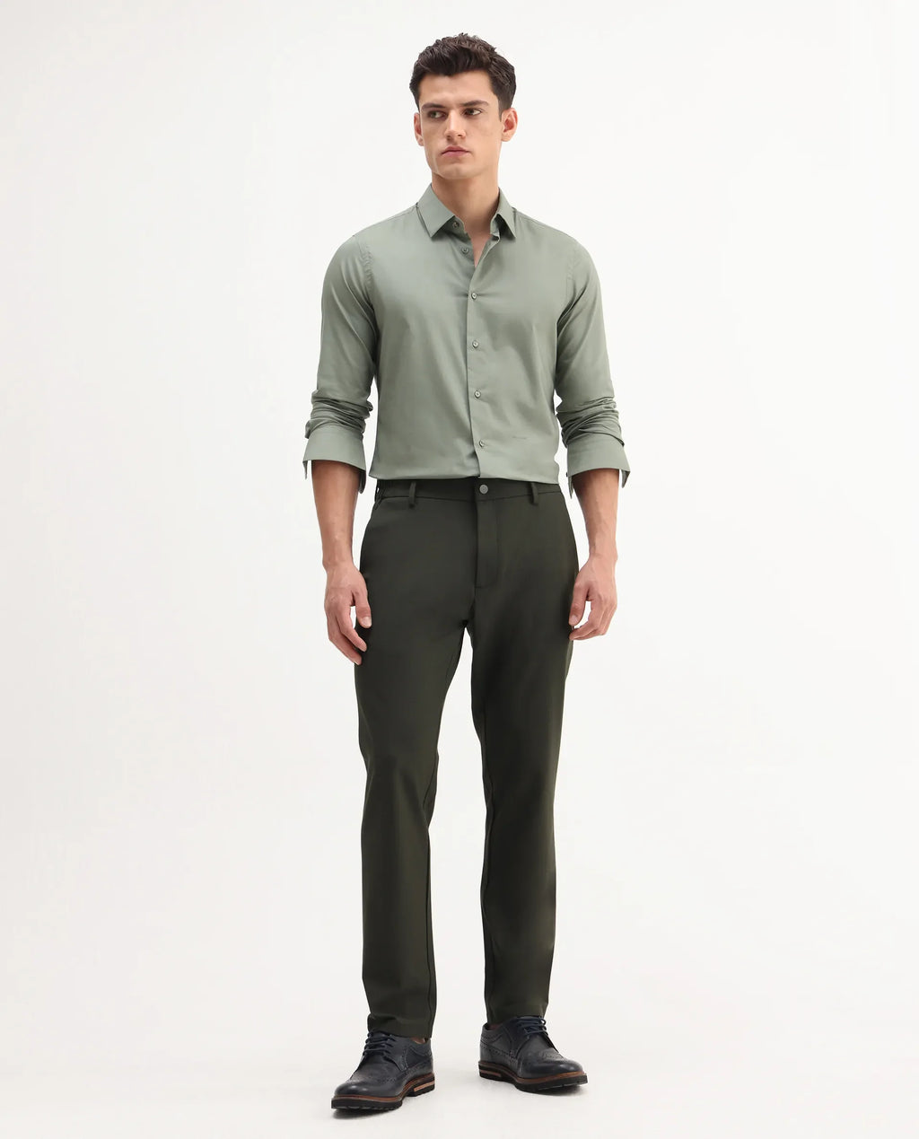 Rare Rabbit Men Travel-Aw25 Green Polyester Fabric Button And Zip Closure Closure Plain Trouser