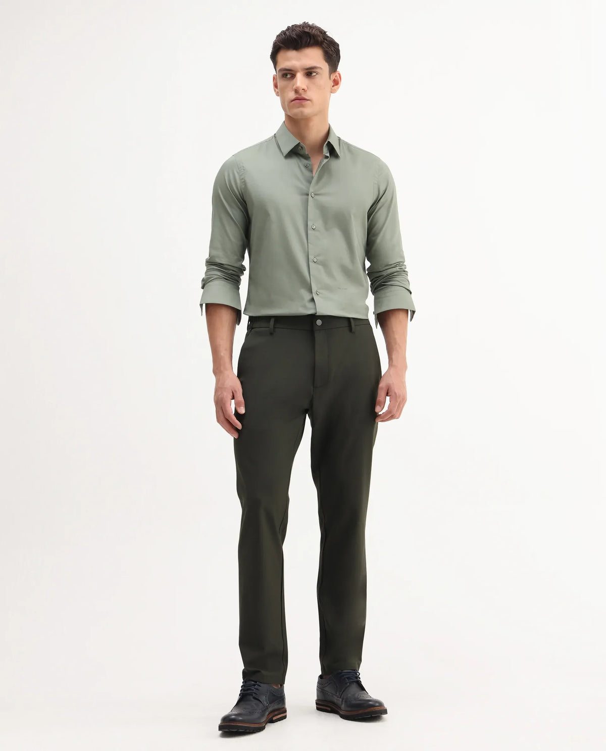 Rare Rabbit Men Travel-Aw25 Green Polyester Fabric Button And Zip Closure Closure Plain Trouser
