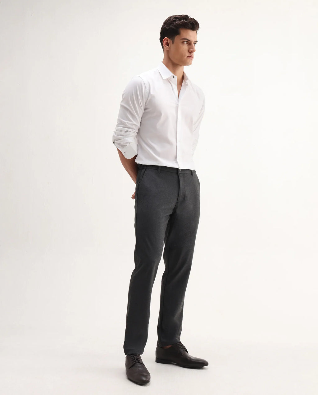 Rare Rabbit Men's Travel-Aw25 Dark Grey Polyester Blend Plain Regular Fit Trouser