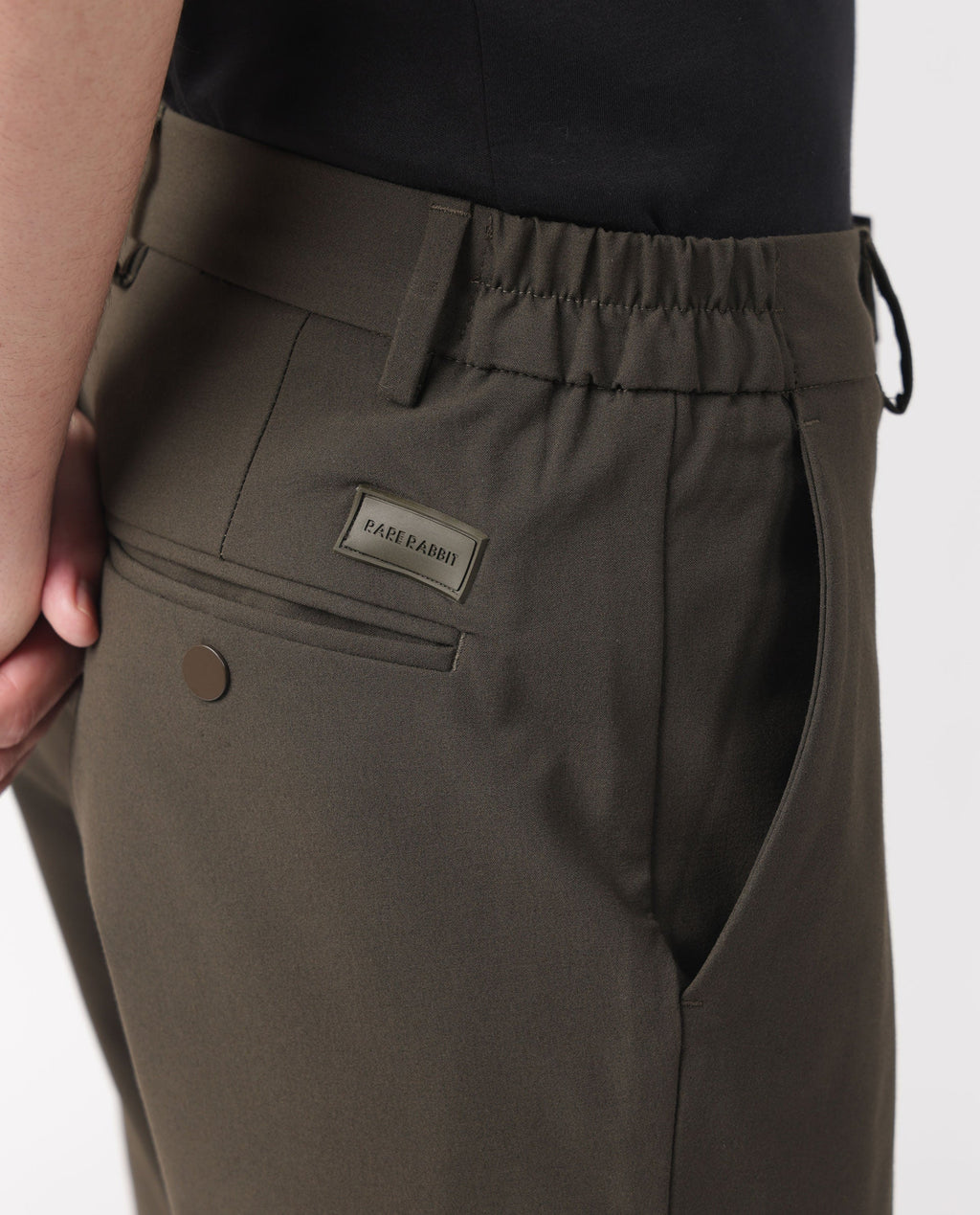 Rare Rabbit Men's Travellers Dark Olive Solid Mid-Rise Regular Fit Trouser