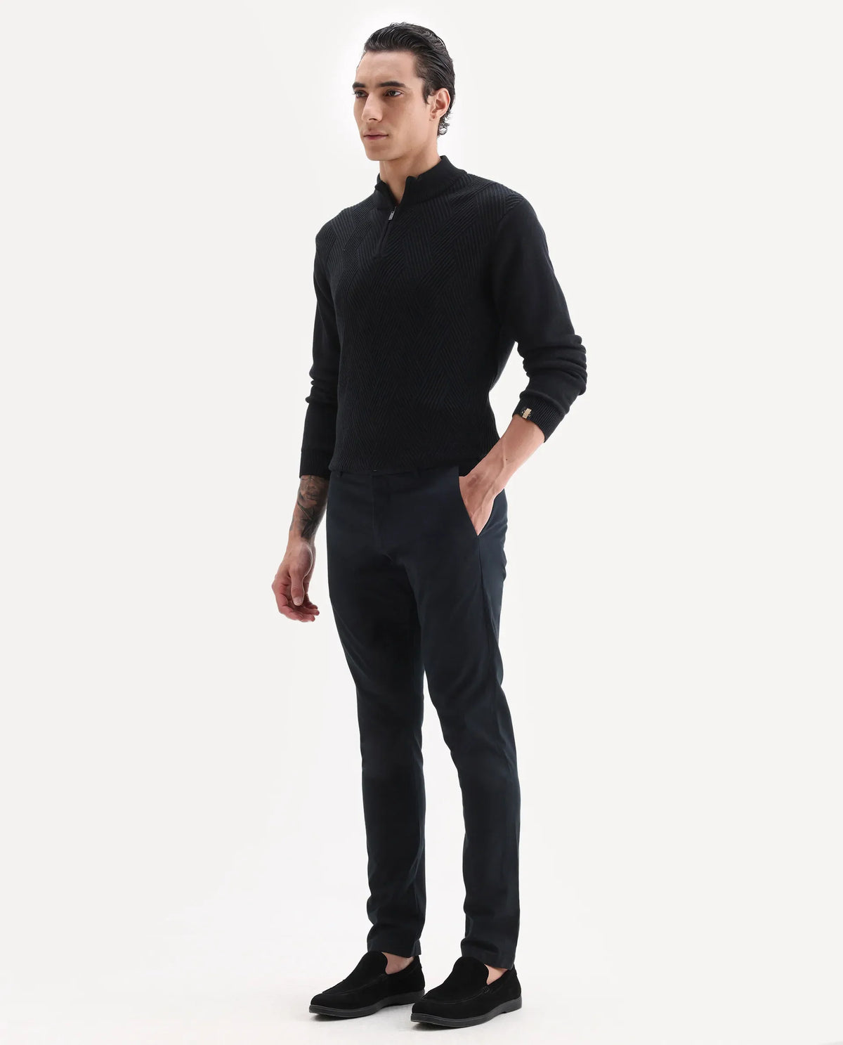 Rare Rabbit Men's Trellis Black Cotton Plain Regular Fit Trouser