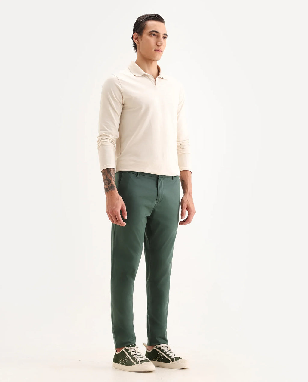 Rare Rabbit Men's Trello Green Cotton Blend Plain Regular Fit Trouser