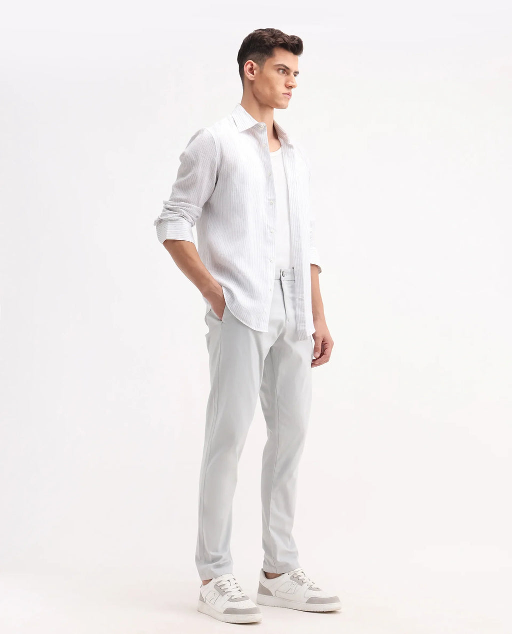 Rare Rabbit Men's Trello Light Grey Cotton Blend Plain Regular Fit Trouser