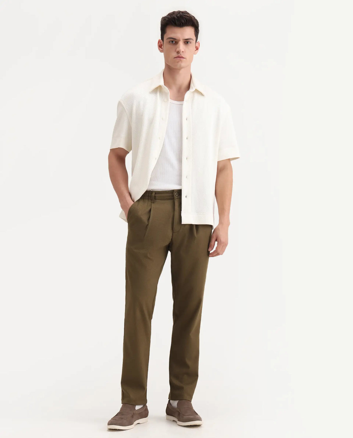 Rare Rabbit Men's Tula Light Olive Polyester Blend Plain Relaxed Fit Trouser
