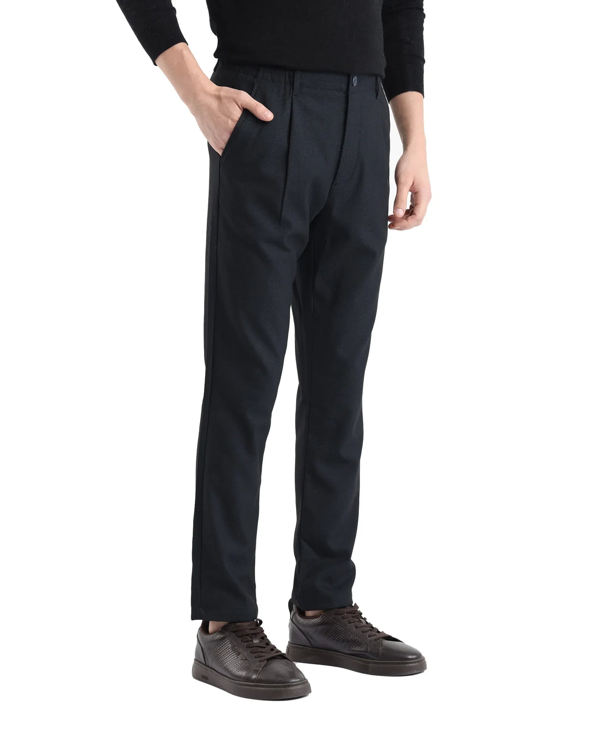 Rare Rabbit Men's Tula Navy Polyester Blend Plain Relaxed Fit Trouser