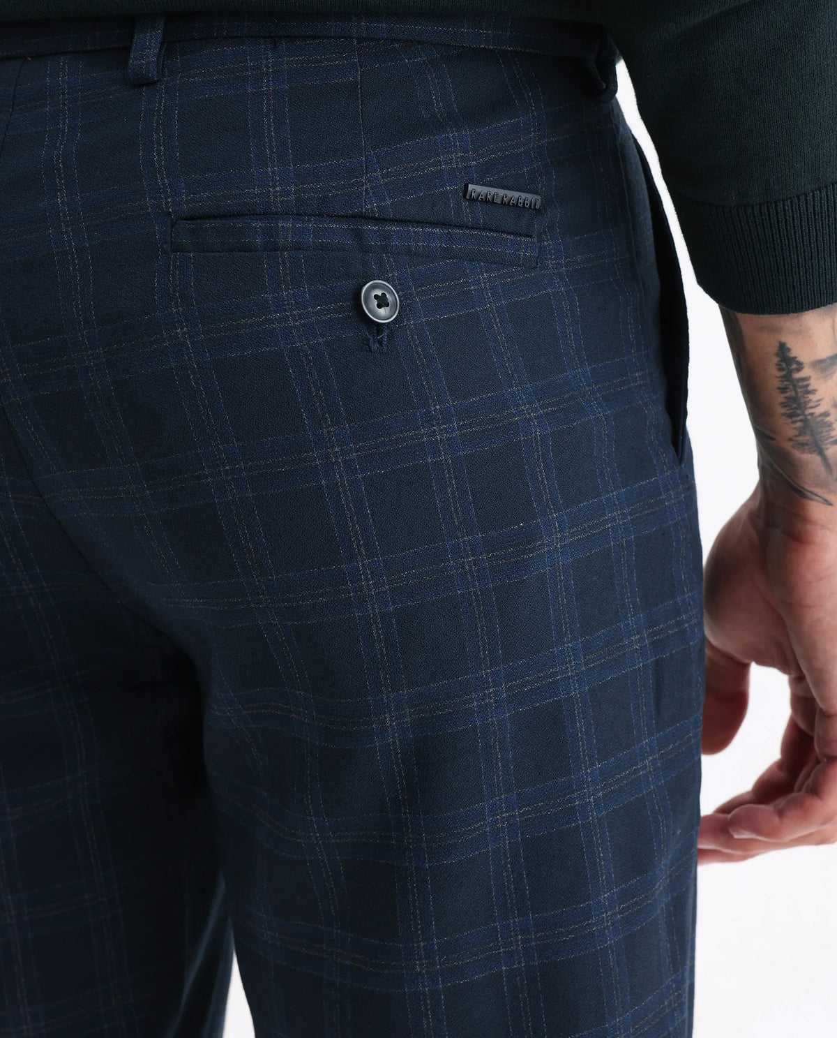 Rare Rabbit Men's Twig Navy Polyester Checked Print Regular Fit Trouser