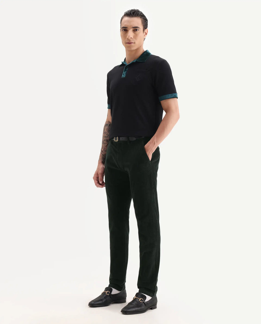 Rare Rabbit Men's Upton Dark Green Cotton Plain Regular Fit Trouser