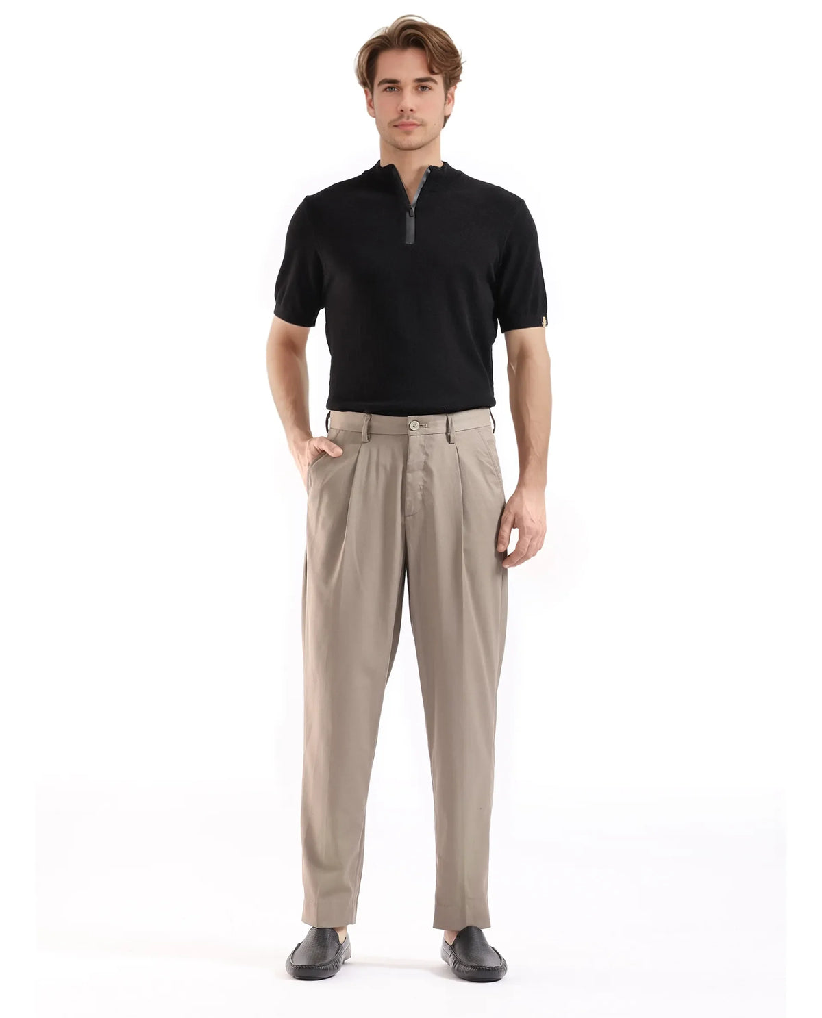 Rare Rabbit Men's Windsor Dark Beige Cotton Plain Relaxed Fit Trouser