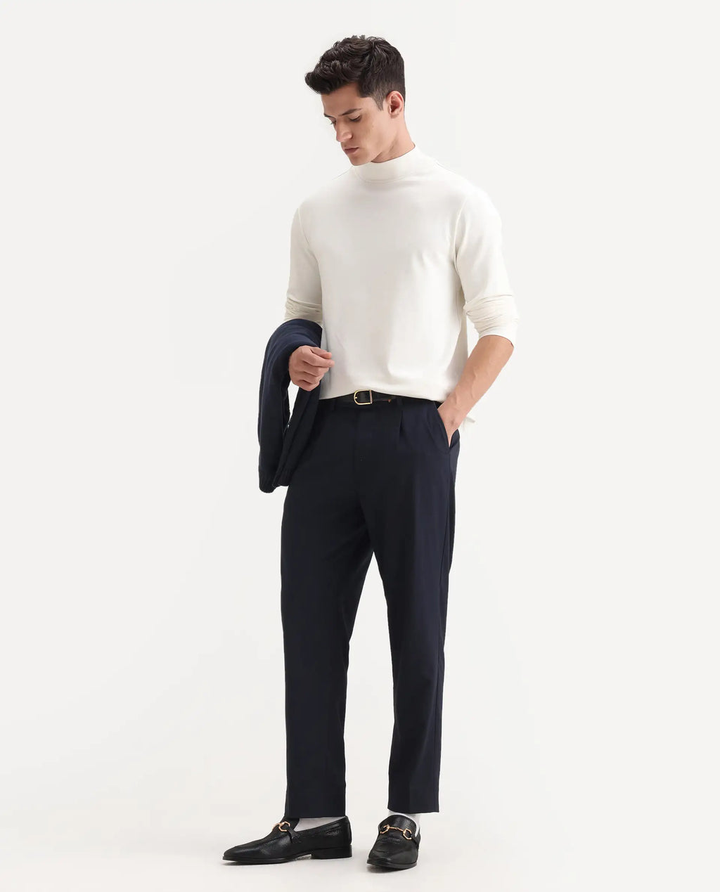 Rare Rabbit Men's Windsor Navy Polyester Blend Plain Relaxed Fit Trouser