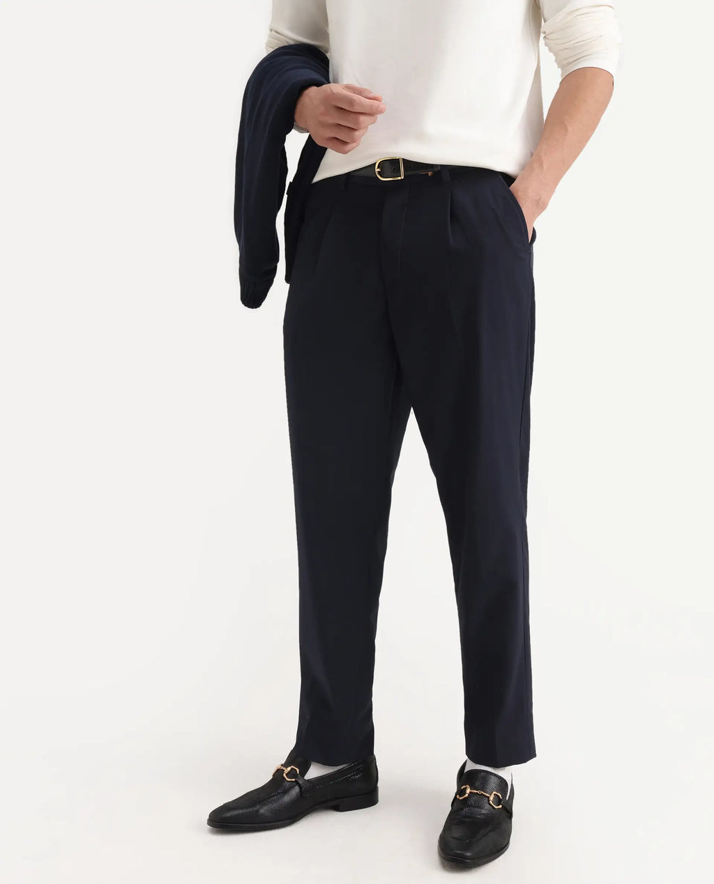 Rare Rabbit Men's Windsor Navy Polyester Blend Plain Relaxed Fit Trouser