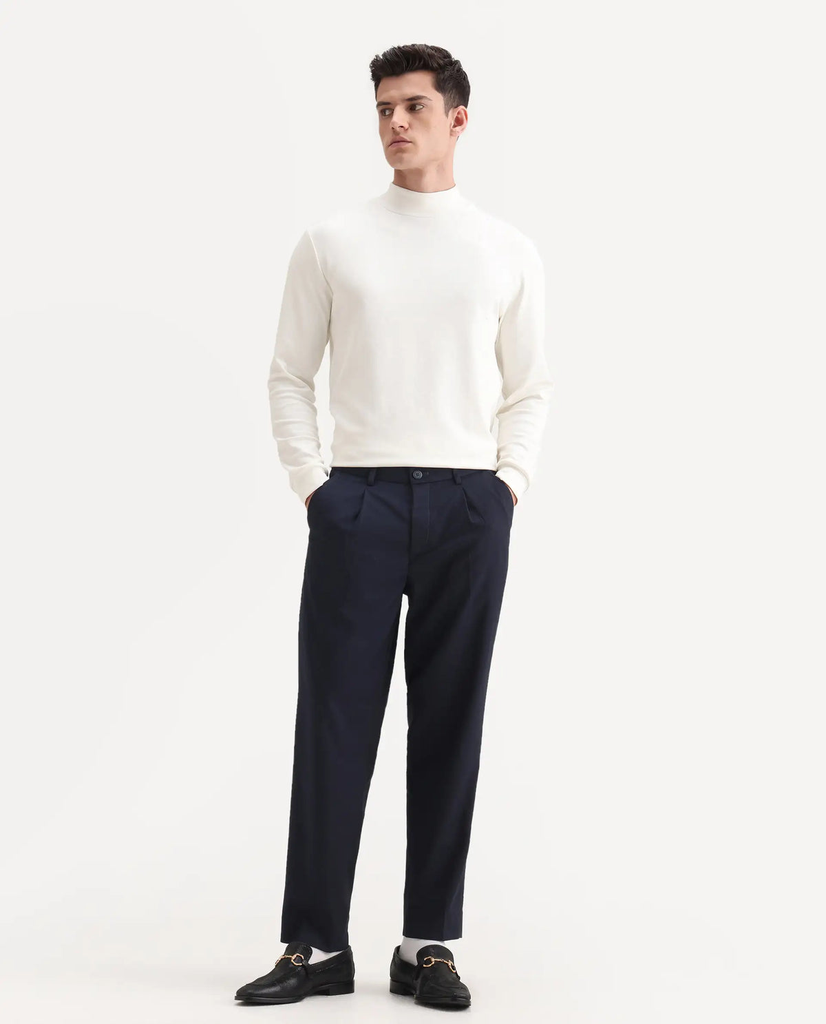 Rare Rabbit Men's Windsor Navy Polyester Blend Plain Relaxed Fit Trouser