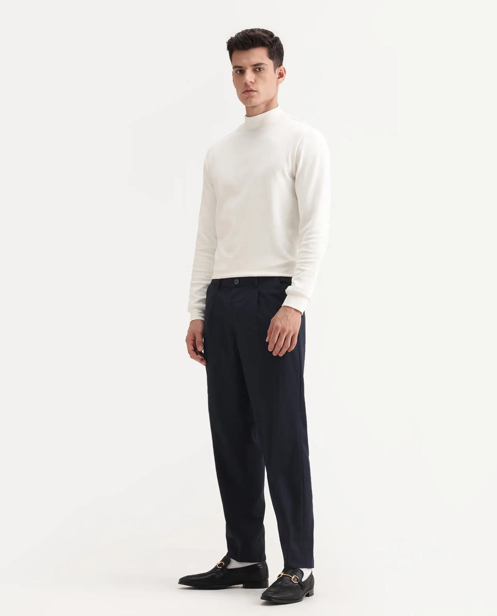 Rare Rabbit Men's Windsor Navy Polyester Blend Plain Relaxed Fit Trouser