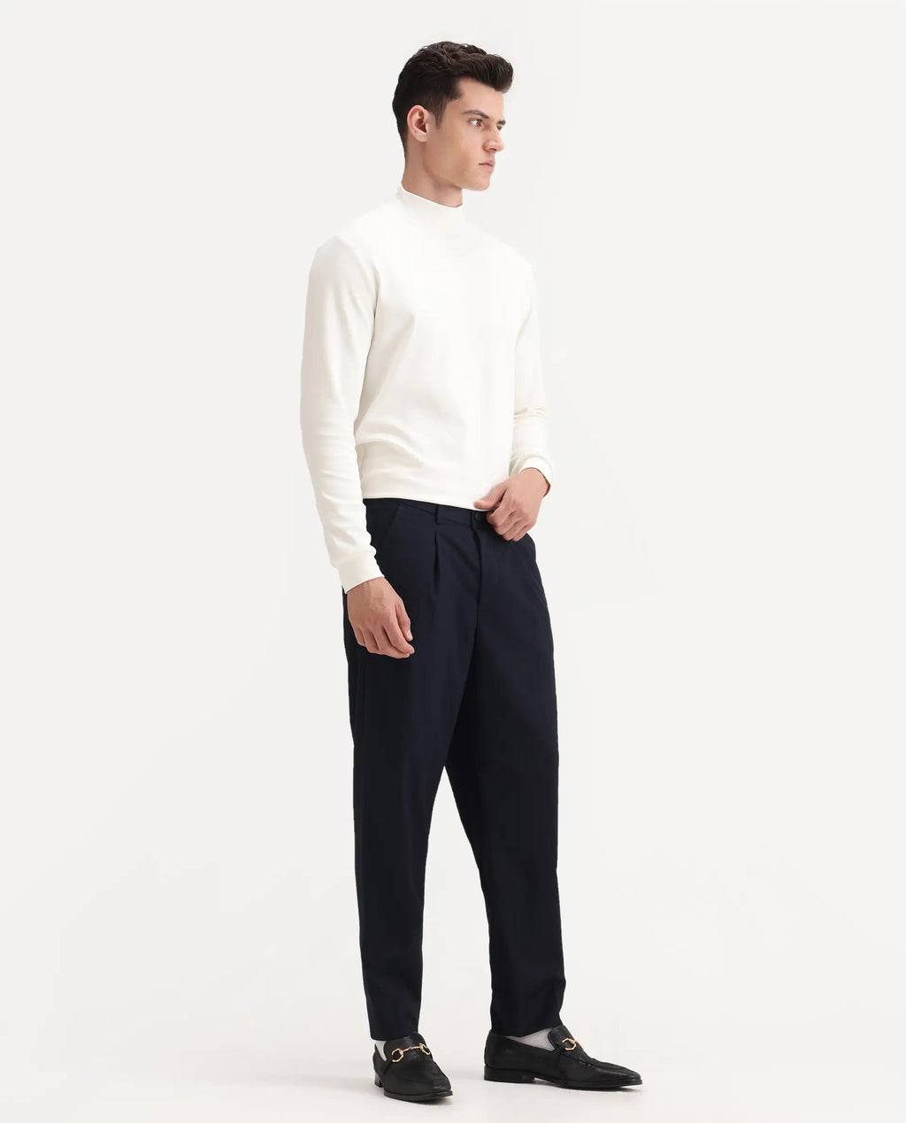 Rare Rabbit Men's Windsor Navy Polyester Blend Plain Relaxed Fit Trouser