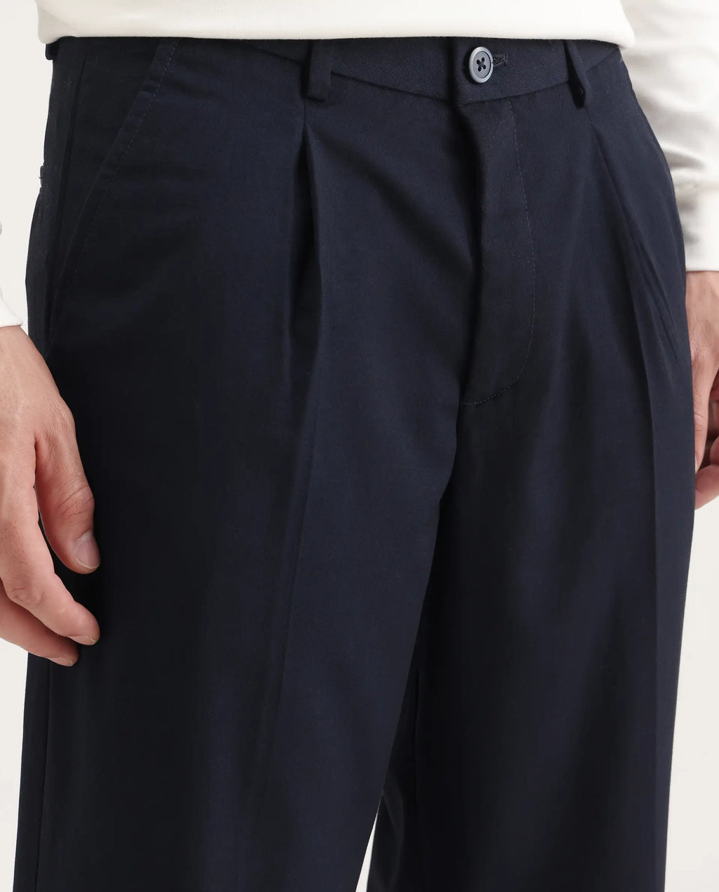 Rare Rabbit Men's Windsor Navy Polyester Blend Plain Relaxed Fit Trouser