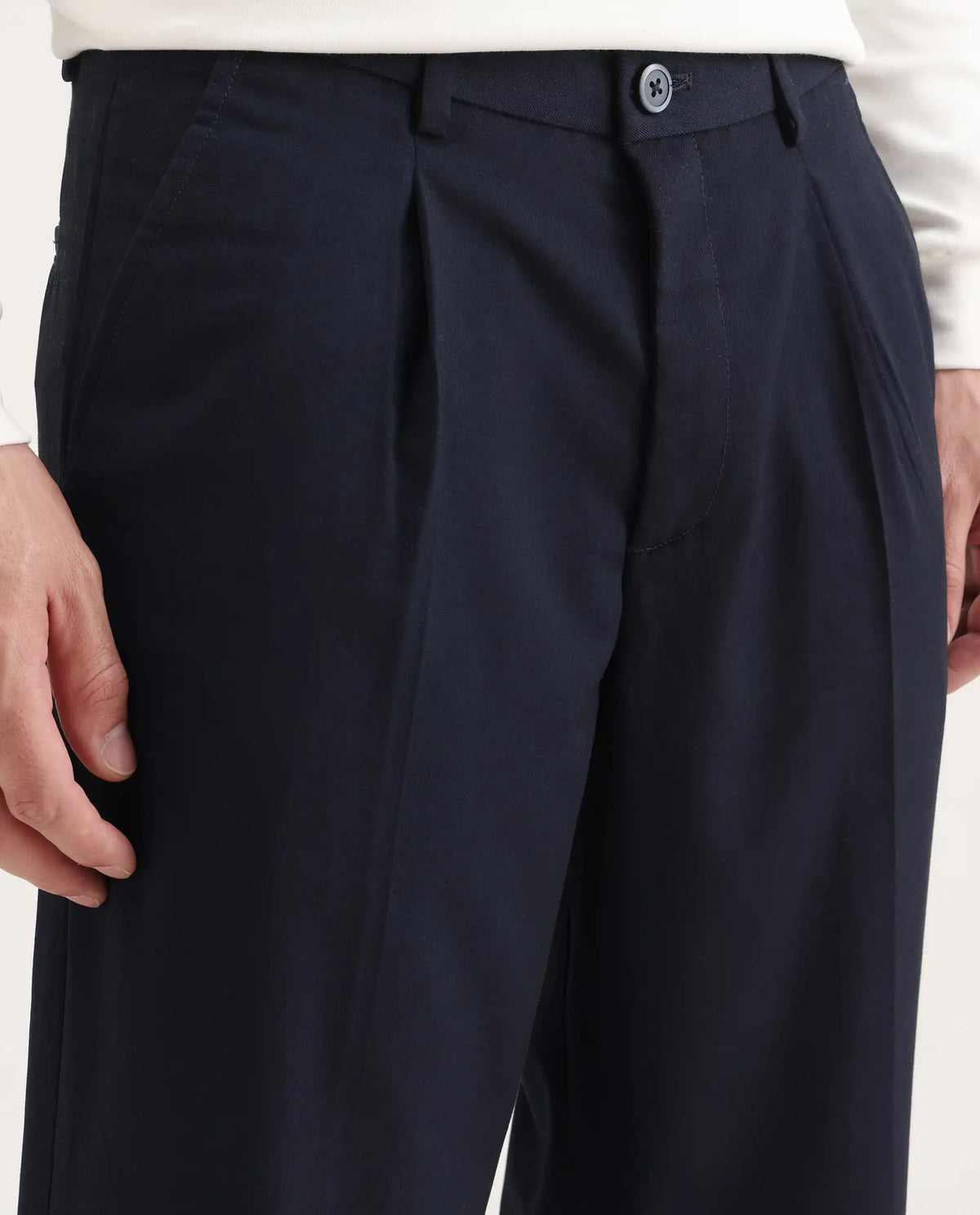 Rare Rabbit Men's Windsor Navy Polyester Blend Plain Relaxed Fit Trouser