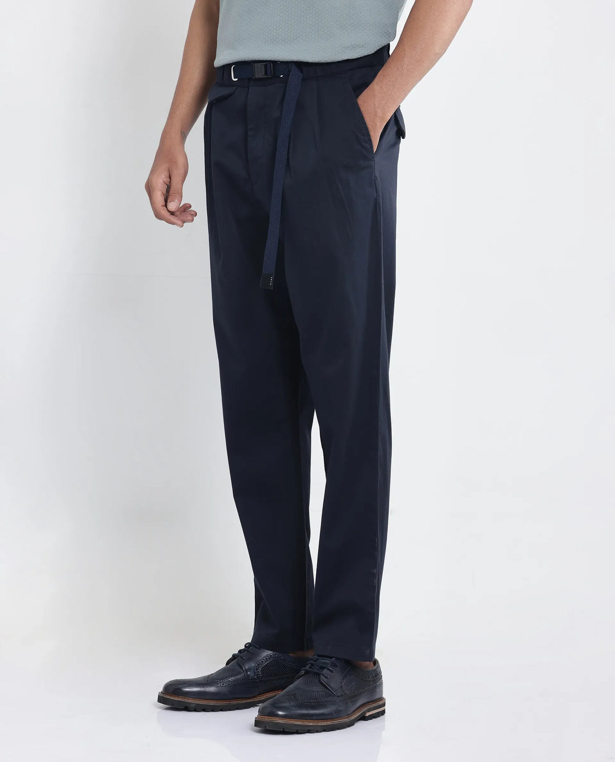 Rare Rabbit Men's Yocko Navy Cotton Blend Plain Baggy Fit Trouser