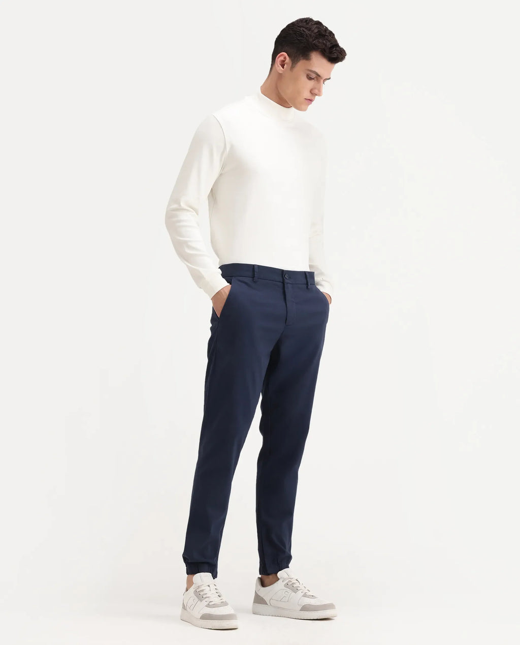 Rare Rabbit Men's Zade Navy Linen Blend Plain Regular Fit Trouser