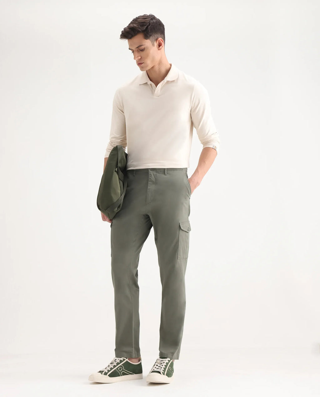 Rare Rabbit Men's Zipe Dusky Olive Cotton Plain Regular Fit Trouser