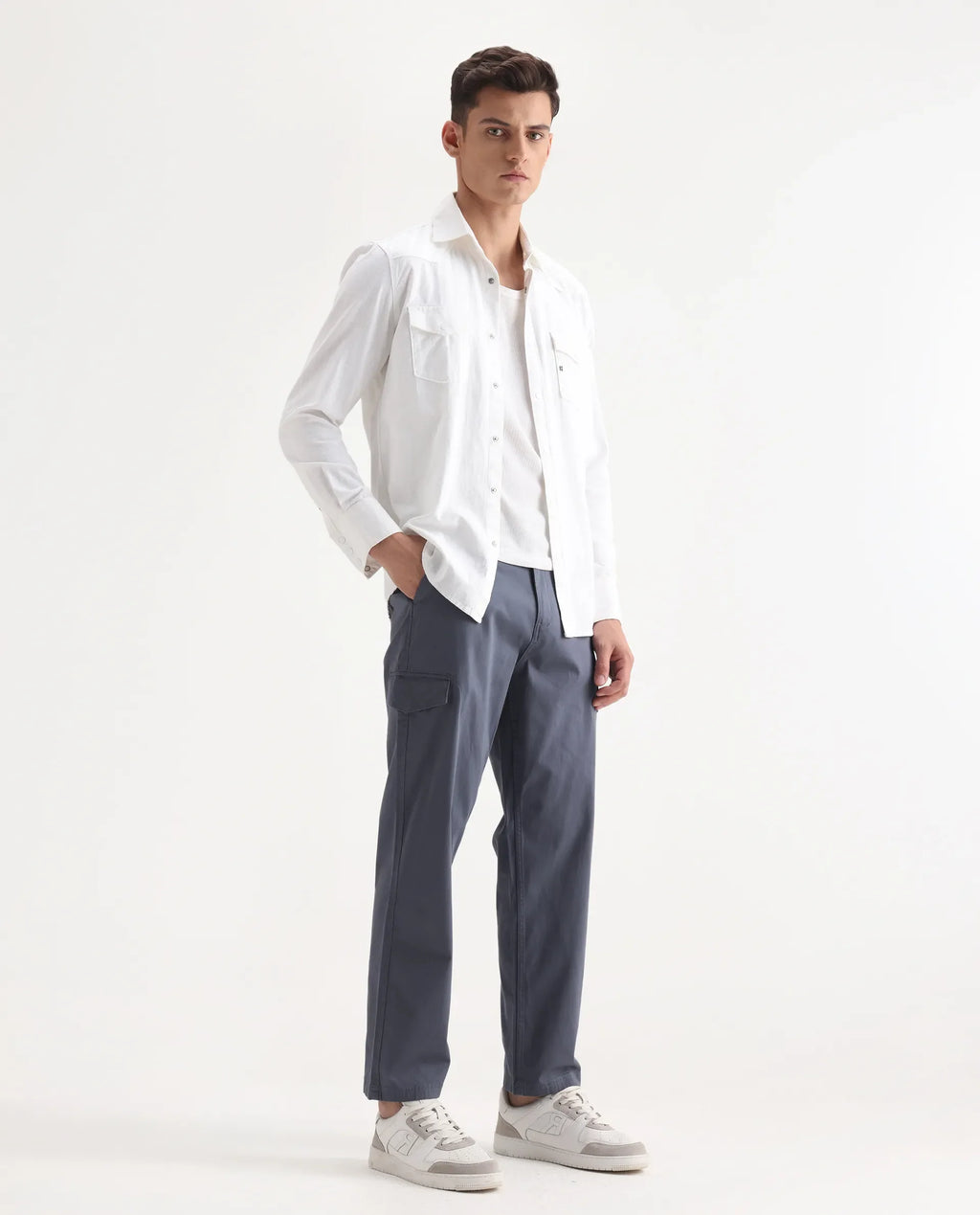 Rare Rabbit Men's Zipo Dusky Blue Cotton Plain Regular Fit Trouser