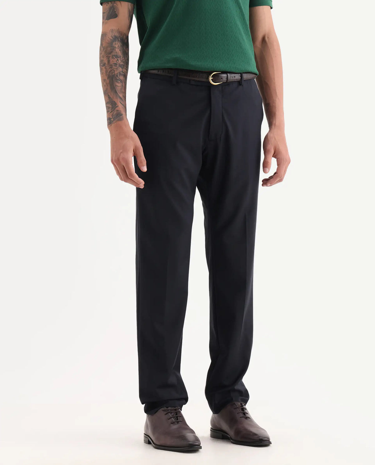 Rare Rabbit Men's Arbo Navy Polyester Blend Plain Regular Fit Trouser