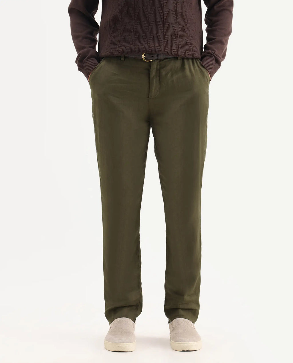 Rare Rabbit Men's Arcelo Olive 100% Linen Plain Regular Fit Trouser