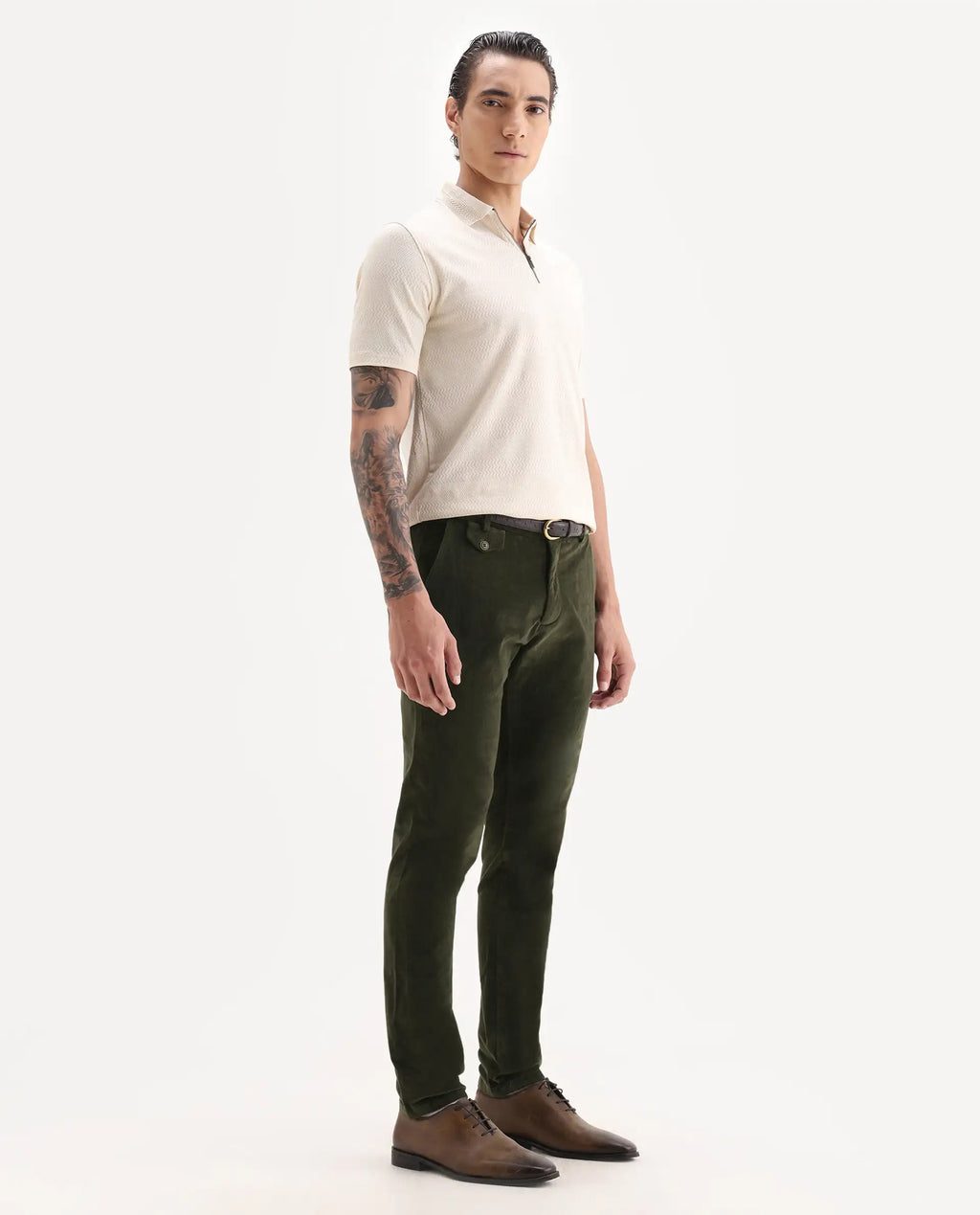 Rare Rabbit Men's Cloy Olive Cotton Plain Regular Fit Trouser