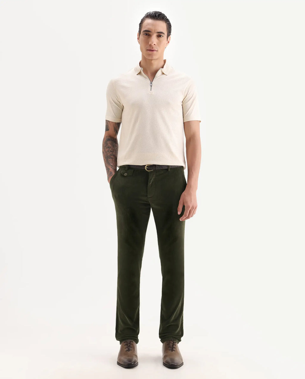 Rare Rabbit Men's Cloy Olive Cotton Plain Regular Fit Trouser