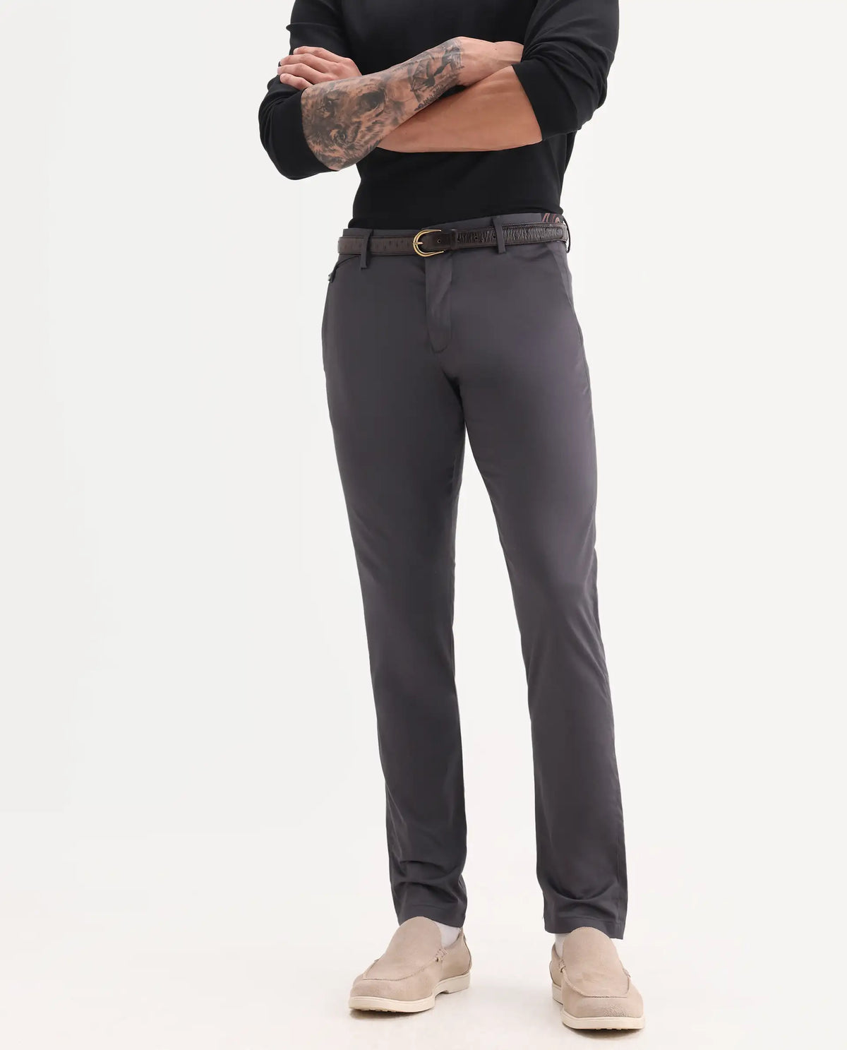 Rare Rabbit Men's Daron Grey Cotton Plain Regular Fit Trouser