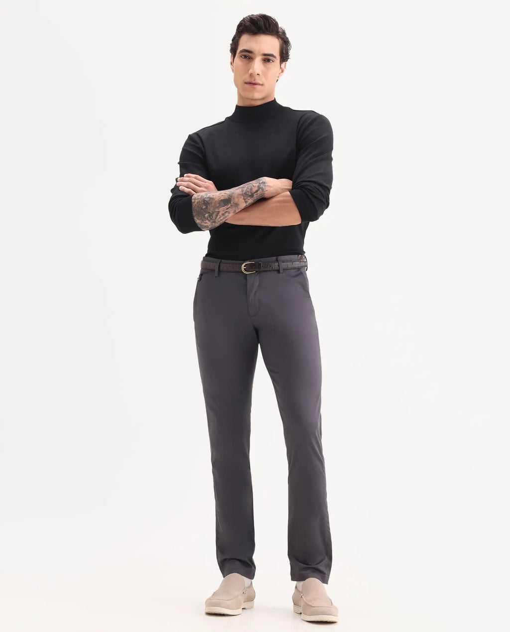 Rare Rabbit Men's Daron Grey Cotton Plain Regular Fit Trouser