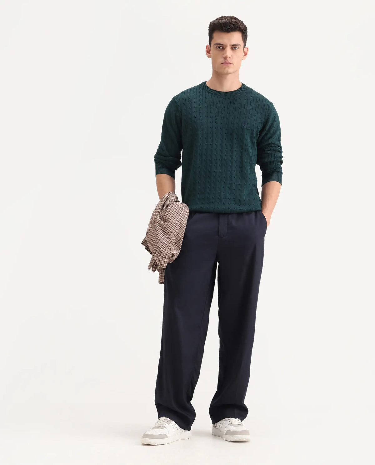 Rare Rabbit Men's Essot Navy Excel Blend Plain Baggy Fit Trouser