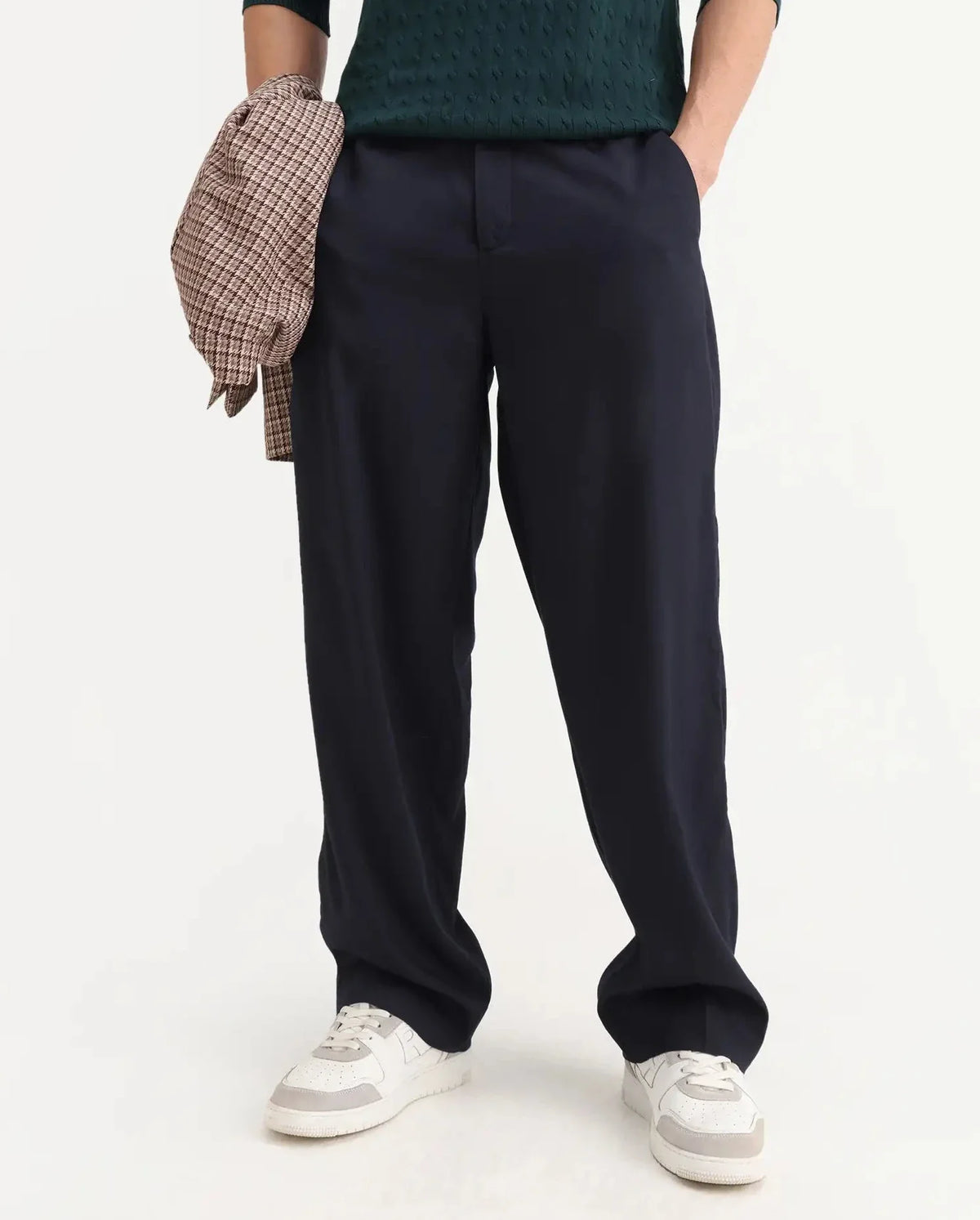 Rare Rabbit Men's Essot Navy Excel Blend Plain Baggy Fit Trouser