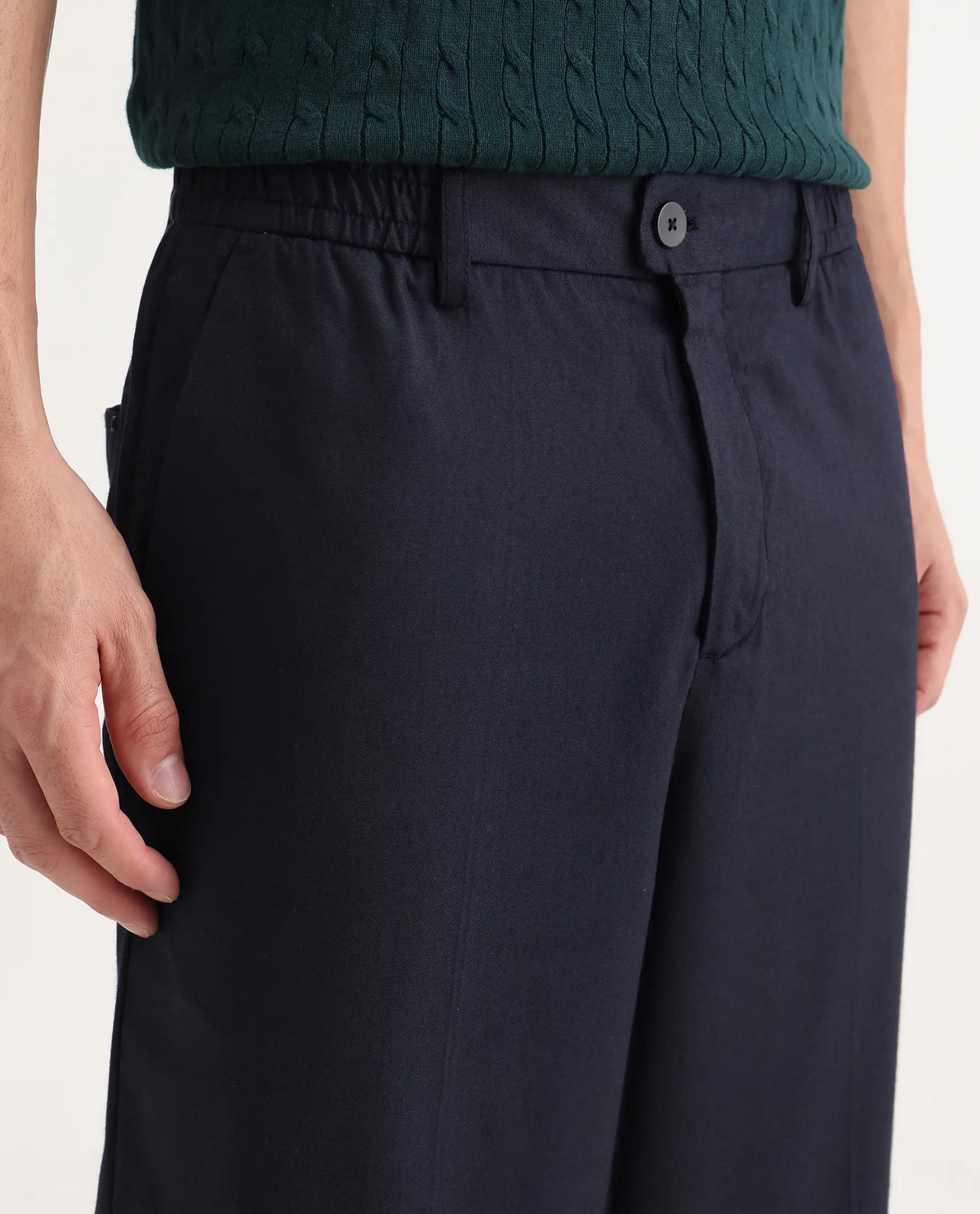 Rare Rabbit Men's Essot Navy Excel Blend Plain Baggy Fit Trouser