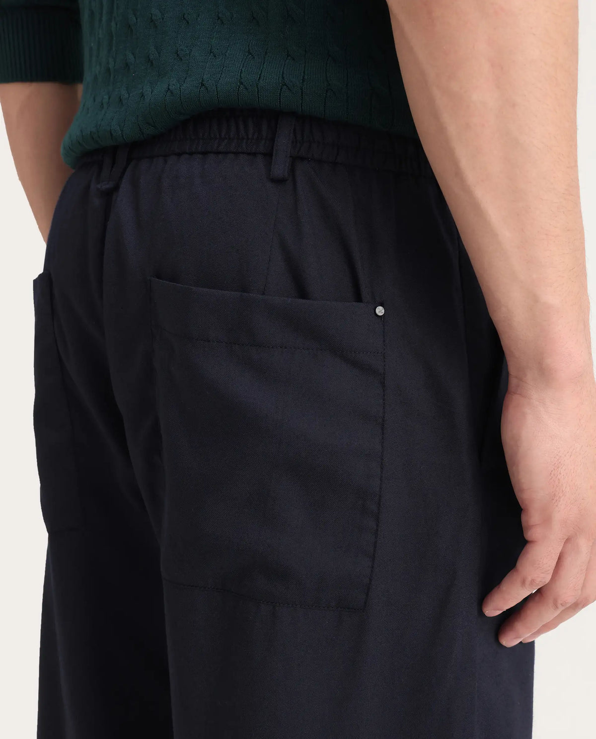 Rare Rabbit Men's Essot Navy Excel Blend Plain Baggy Fit Trouser