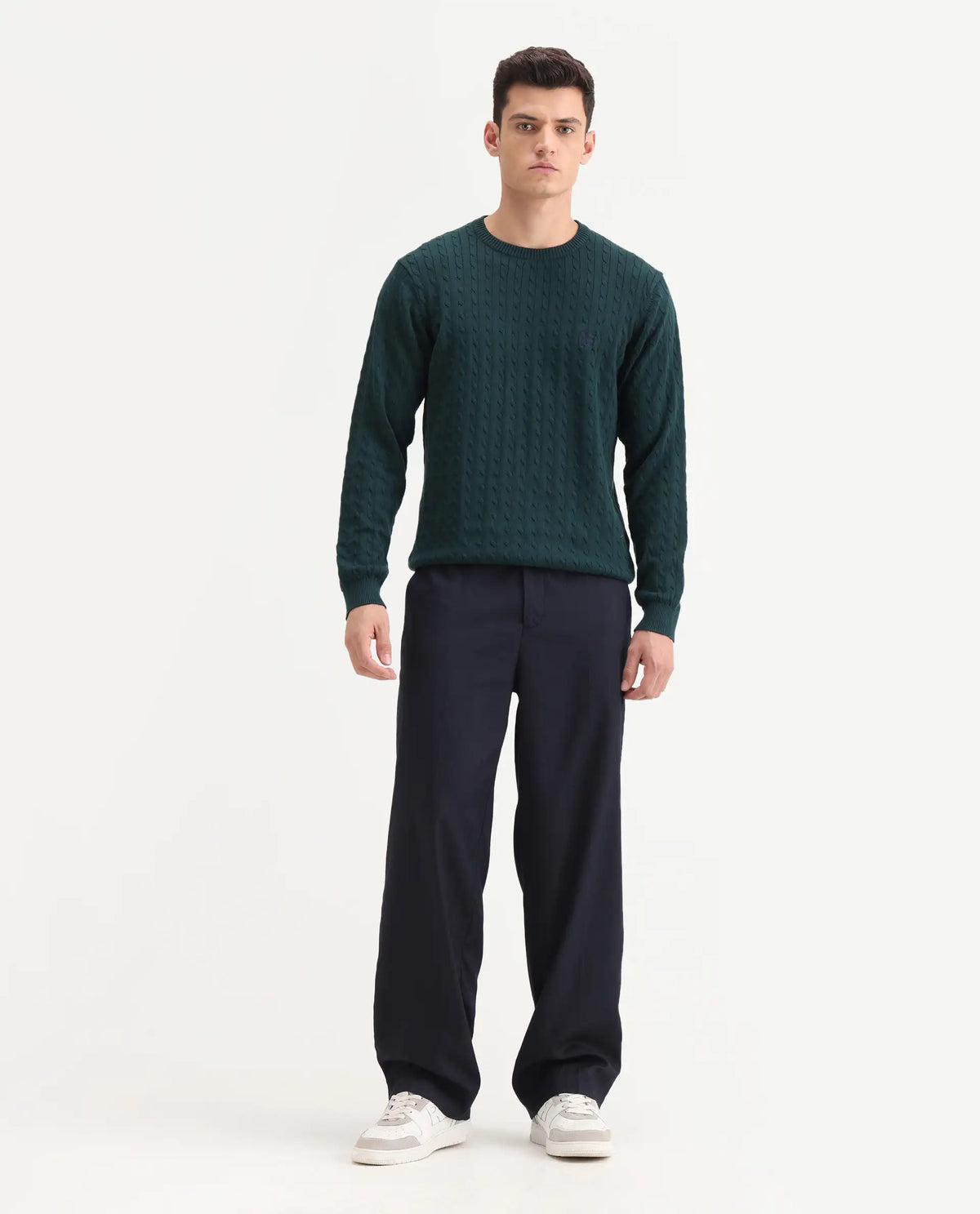 Rare Rabbit Men's Essot Navy Excel Blend Plain Baggy Fit Trouser