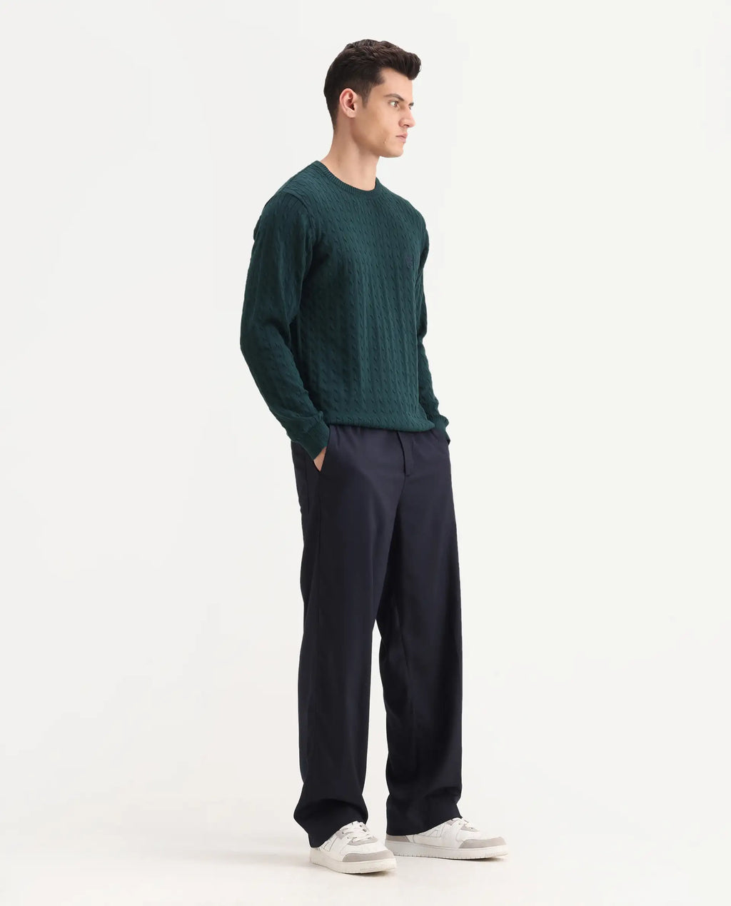 Rare Rabbit Men's Essot Navy Excel Blend Plain Baggy Fit Trouser