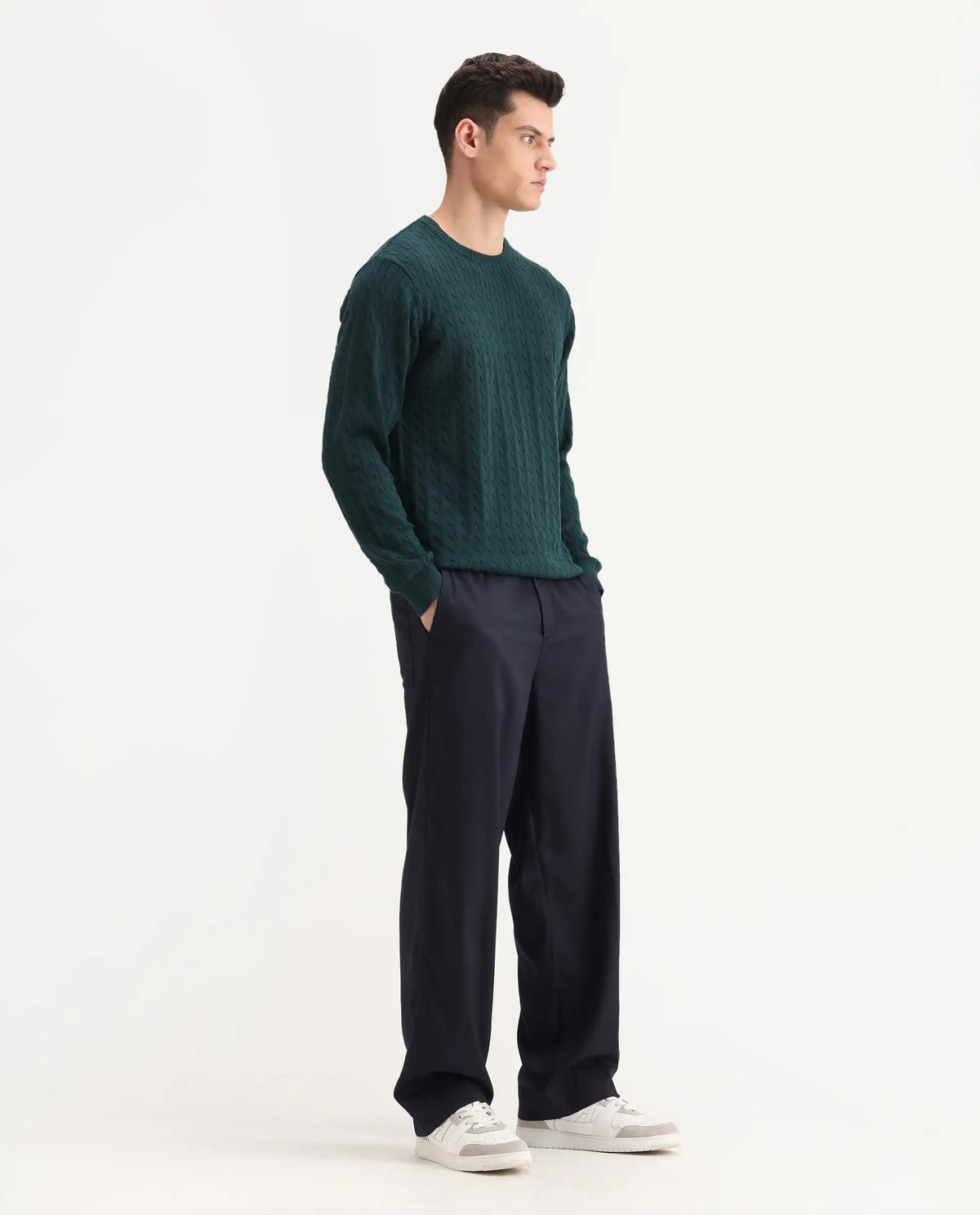Rare Rabbit Men's Essot Navy Excel Blend Plain Baggy Fit Trouser