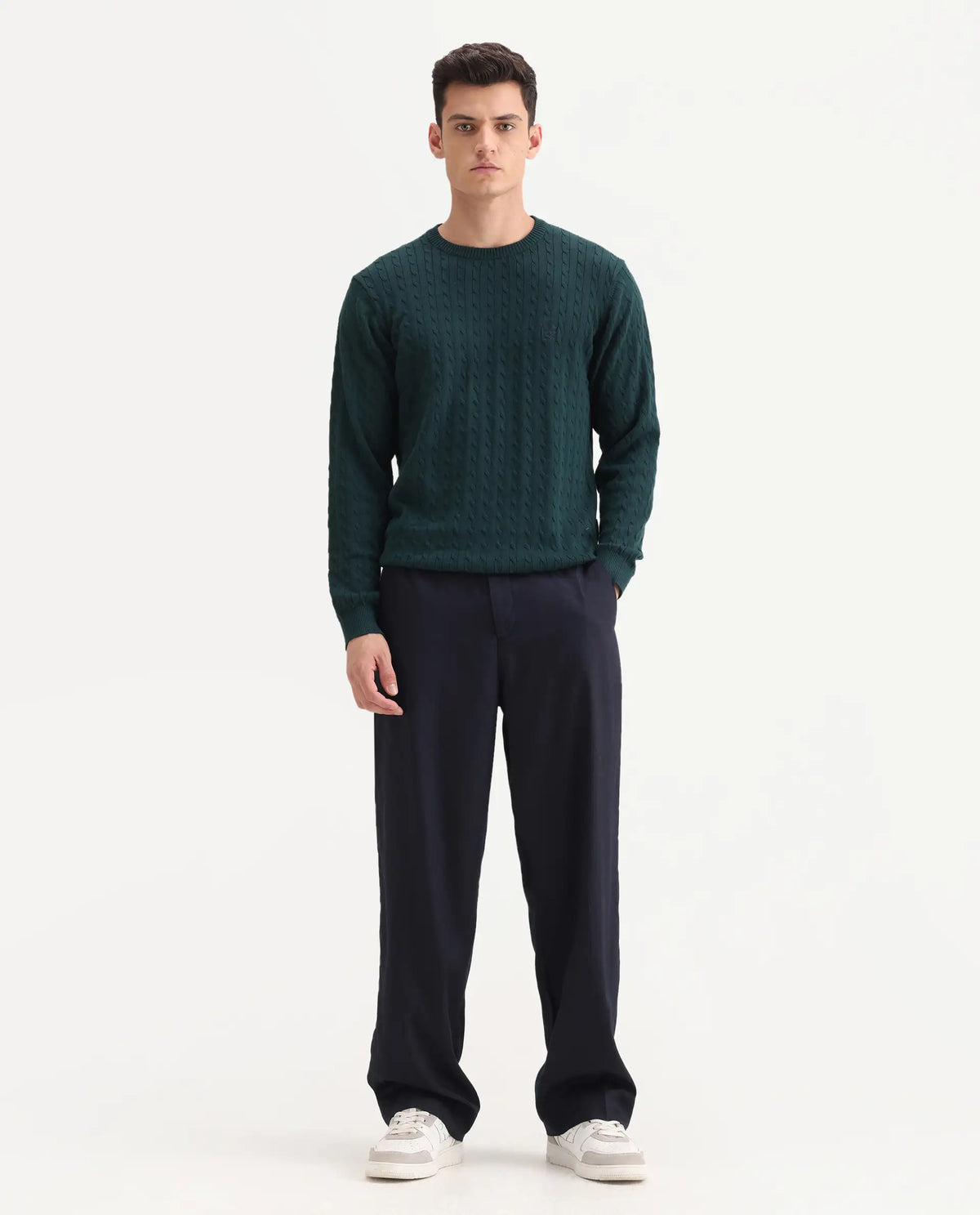 Rare Rabbit Men's Essot Navy Excel Blend Plain Baggy Fit Trouser