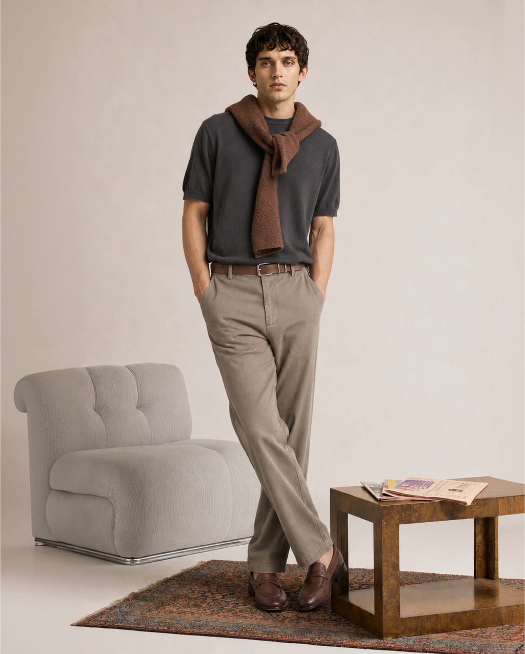 Rare Rabbit Men's Forge Dark Beige Linen Blend Fabric Regular Fit Plain Trouser