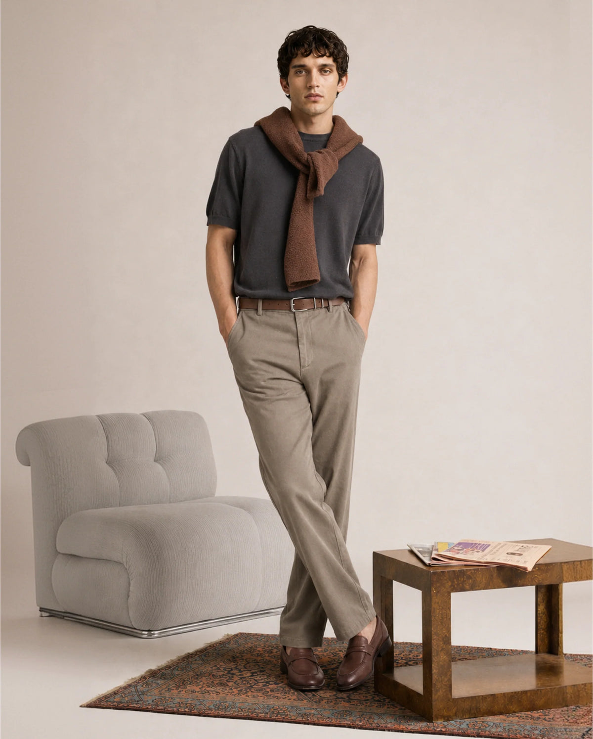 Rare Rabbit Men's Forge Dark Beige Linen Blend Fabric Regular Fit Plain Trouser