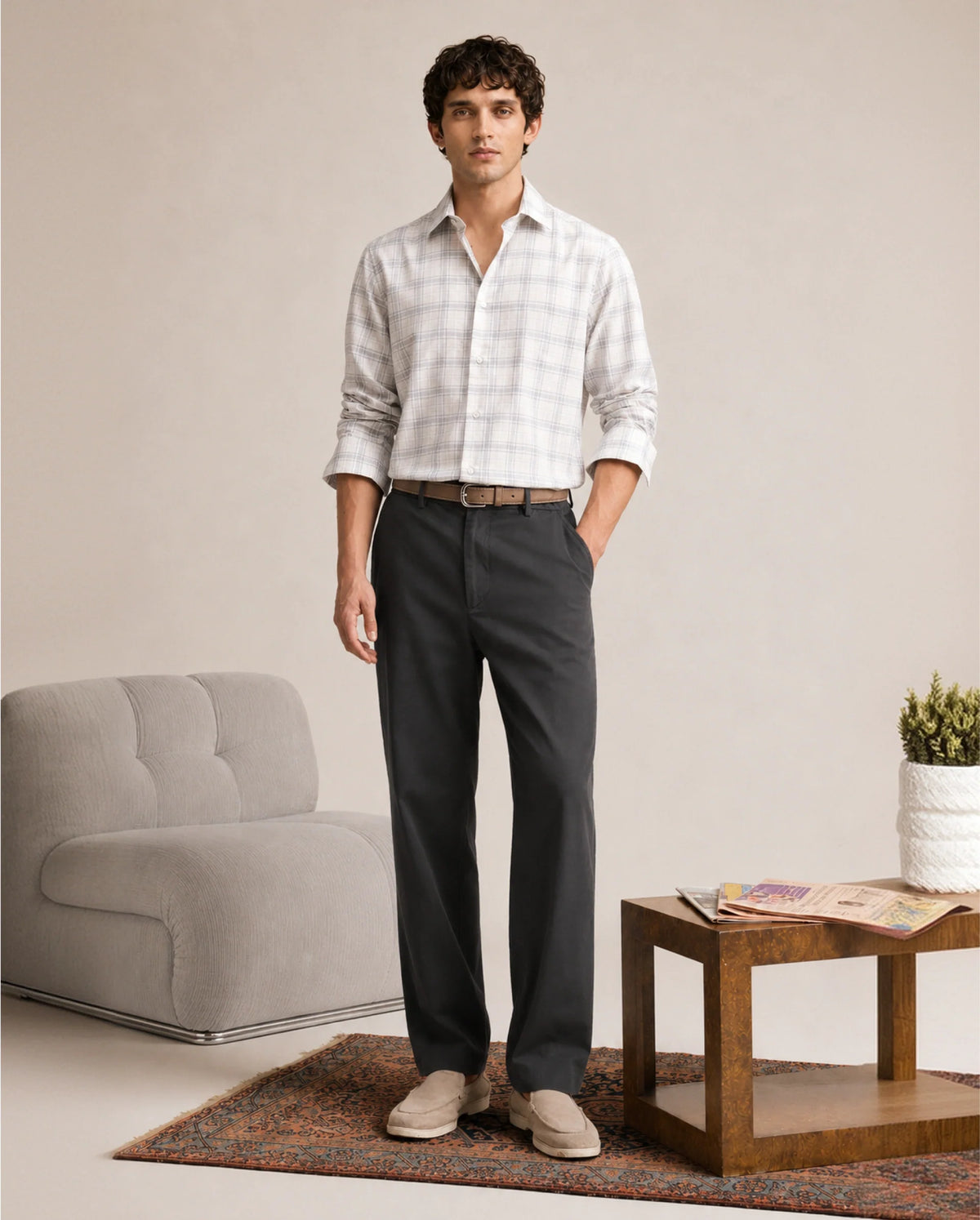 Rare Rabbit Men's Forge Dark Grey Linen Blend Fabric Regular Fit Plain Trouser